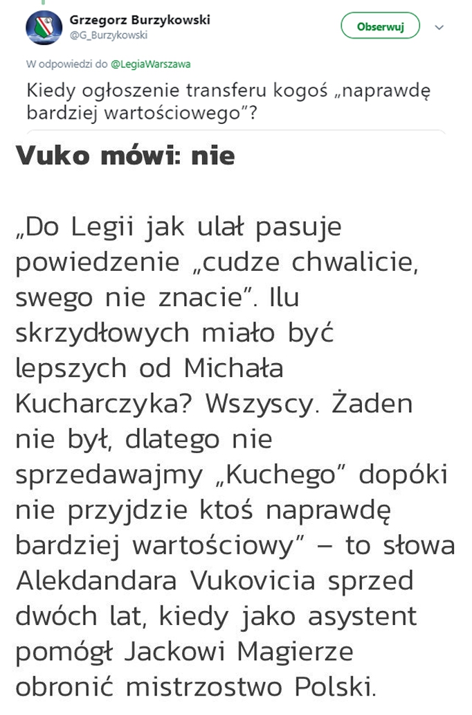 Tak 2 lata temu o Kucharczyku mówił Vuković... :D